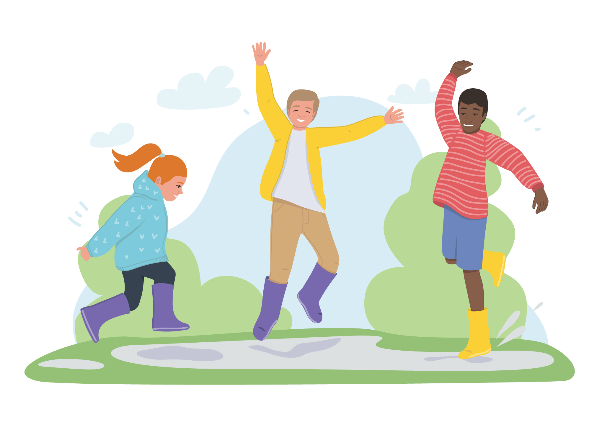 Graphics of three kids playing in a puddle